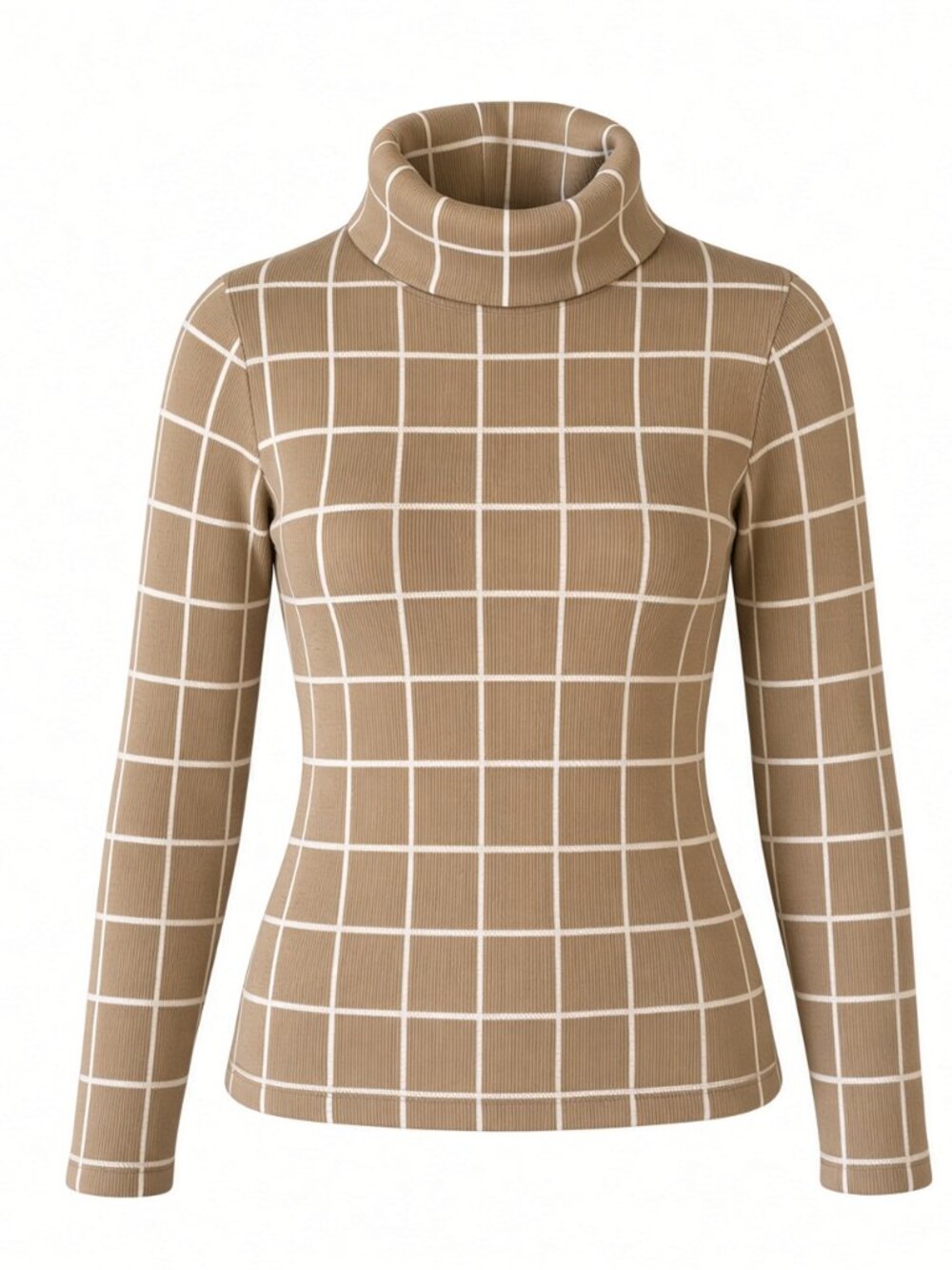 Women's J. Crew Windowpane Fleece-Lined Funnelneck Sweater Small Camel Tan